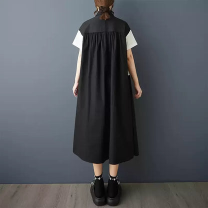 3D Flower Color-Block Short Sleeve Shirt Dress　X3629