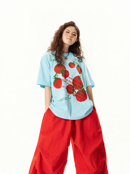 Retro Tomato Letter Print Oversized Short Sleeve T-Shirt　X3653