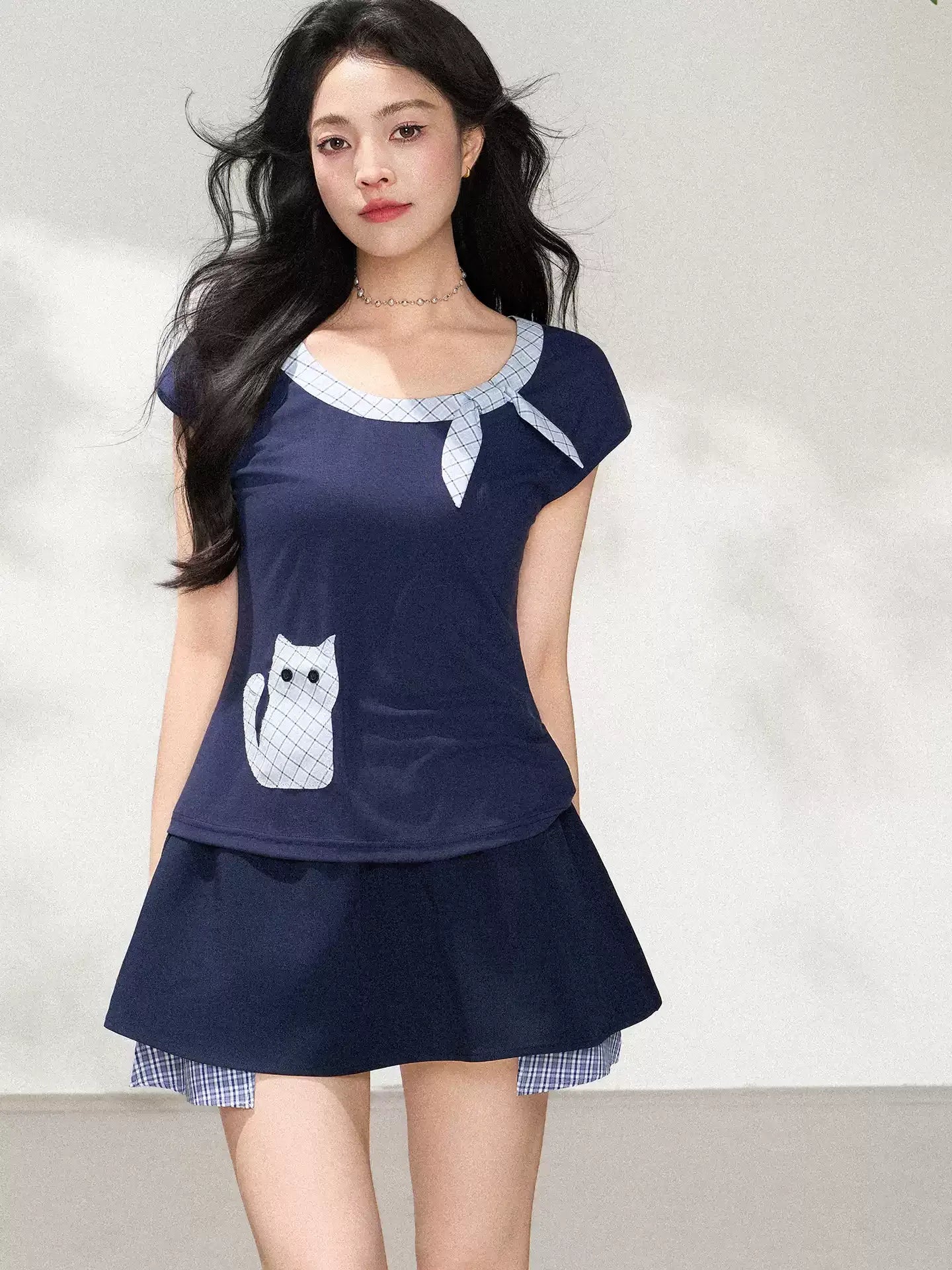 Cat Pocket Square Neck Short Sleeve T-Shirt X3604