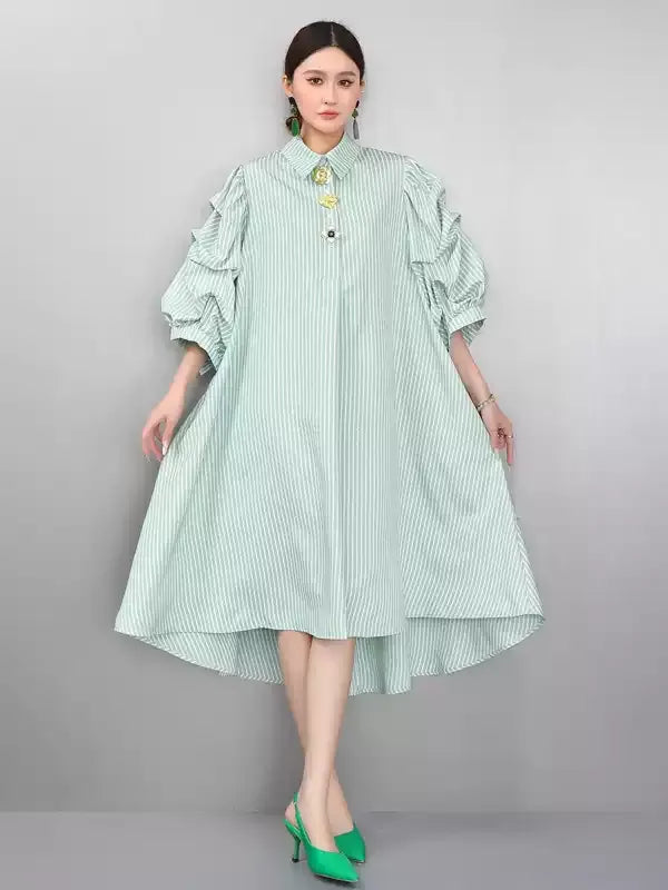 Striped Puff Sleeve Shirt Dress　X3625