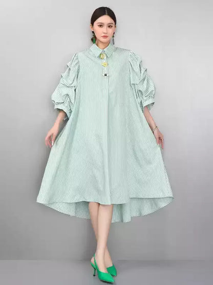Striped Puff Sleeve Shirt Dress　X3625