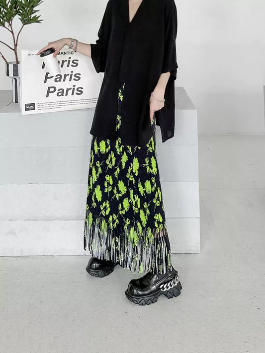 Pleated Satin Fringe Skirt X3558