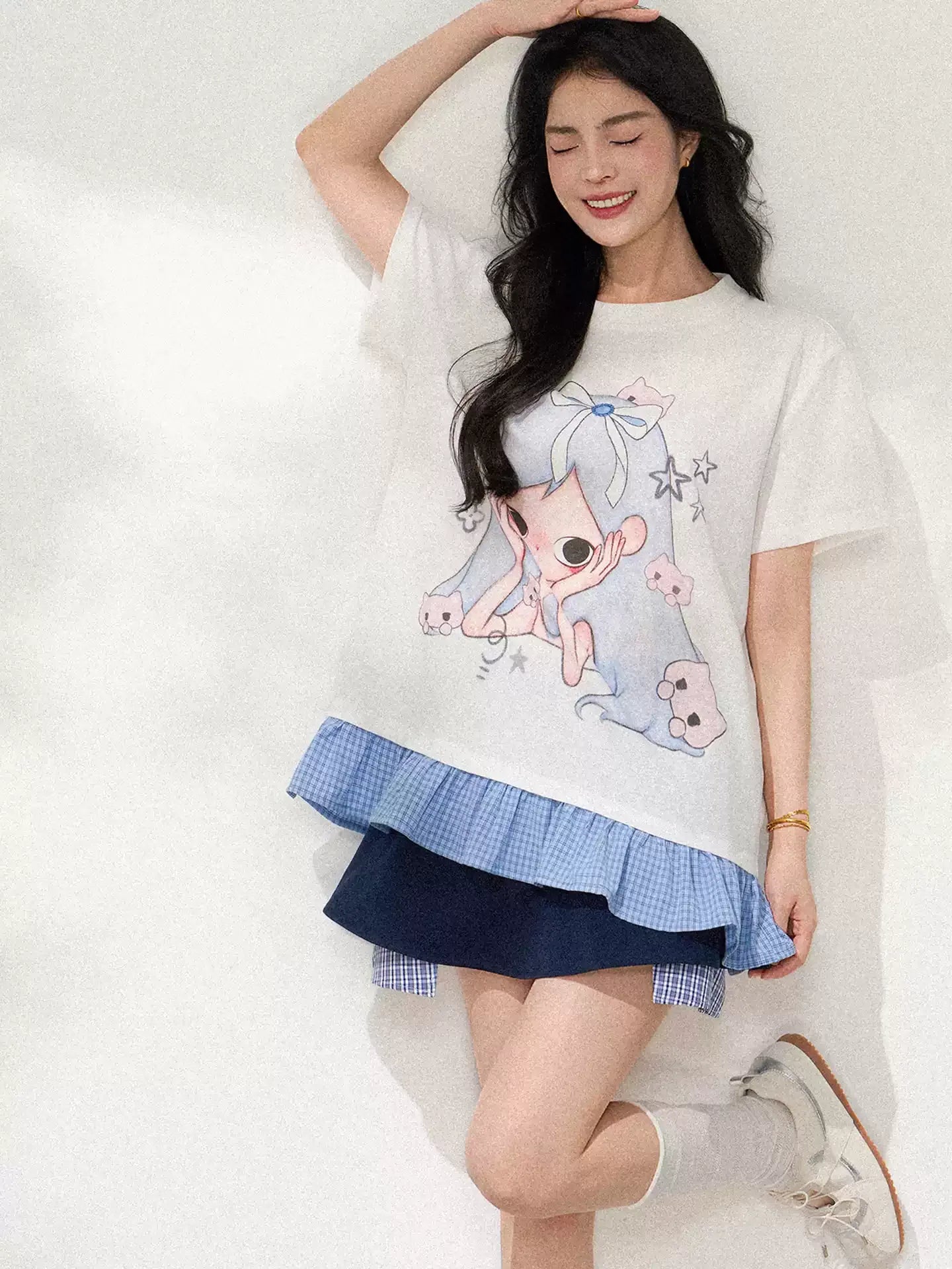 Ruffle Trim Cartoon Print Short Sleeve T-Shirt X3606