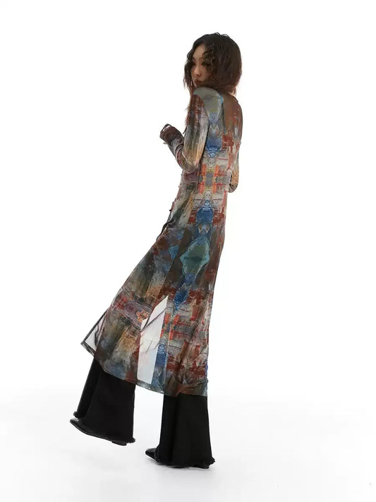 Vintage Oil Painting Print Mesh Long Cardigan X3613