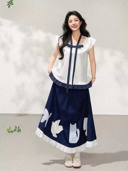 Heavy Embroidery Appliqué Art Print Elastic Waist Maxi Skirt X3605