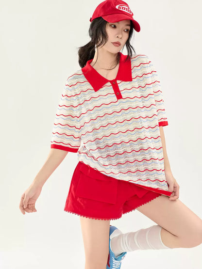 Color Stripe Collar Short Sleeve Knit Top X3579