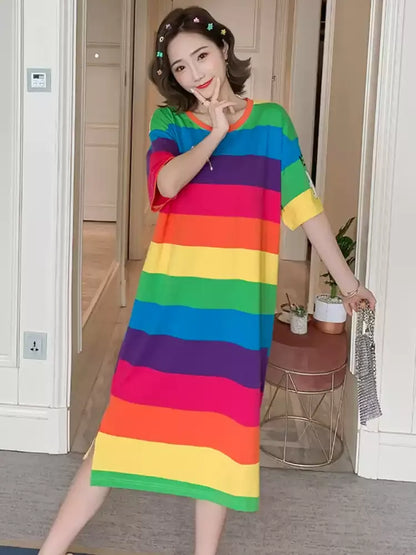 Rainbow Striped Short Sleeve T-Shirt Dress X3615