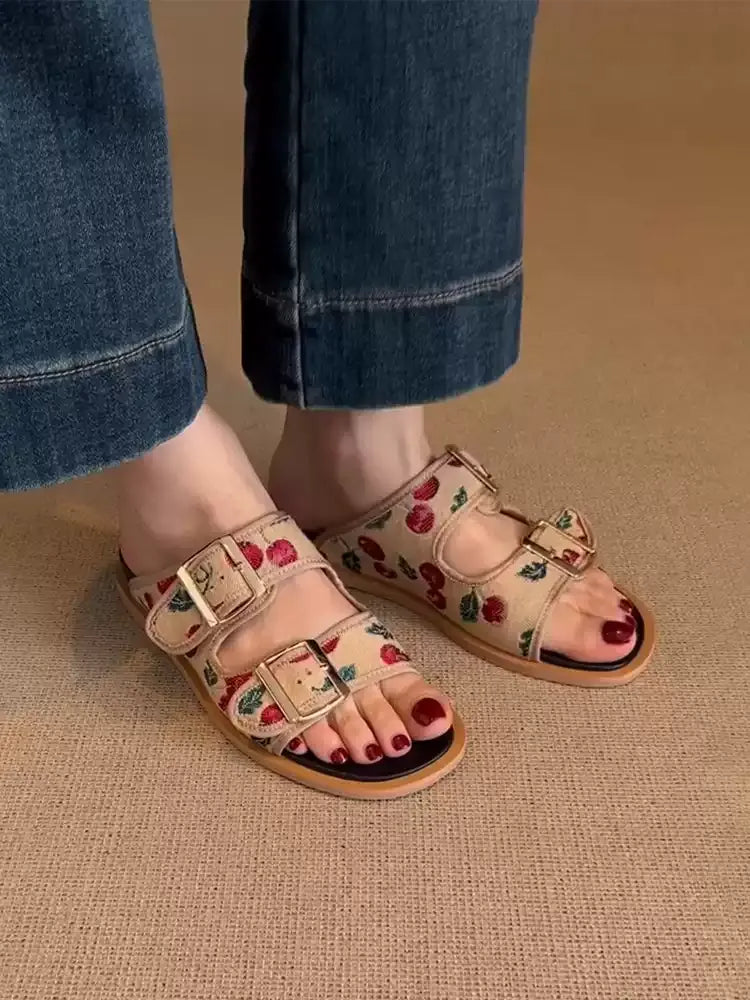 Genuine Leather Cherry Embroidery Flat Sandals　X3639