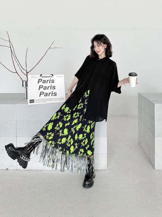 Pleated Satin Fringe Skirt X3558
