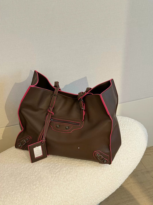 Brown × Pink Color-Block Piping Large Capacity  Bag X3592