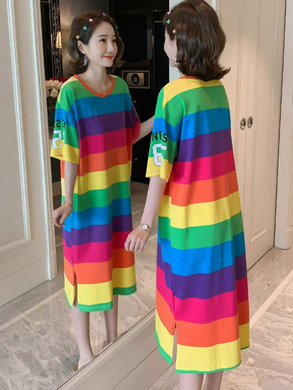 Rainbow Striped Short Sleeve T-Shirt Dress X3615
