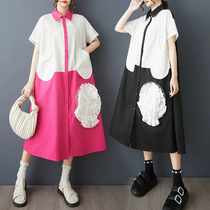 3D Flower Color-Block Short Sleeve Shirt Dress　X3629