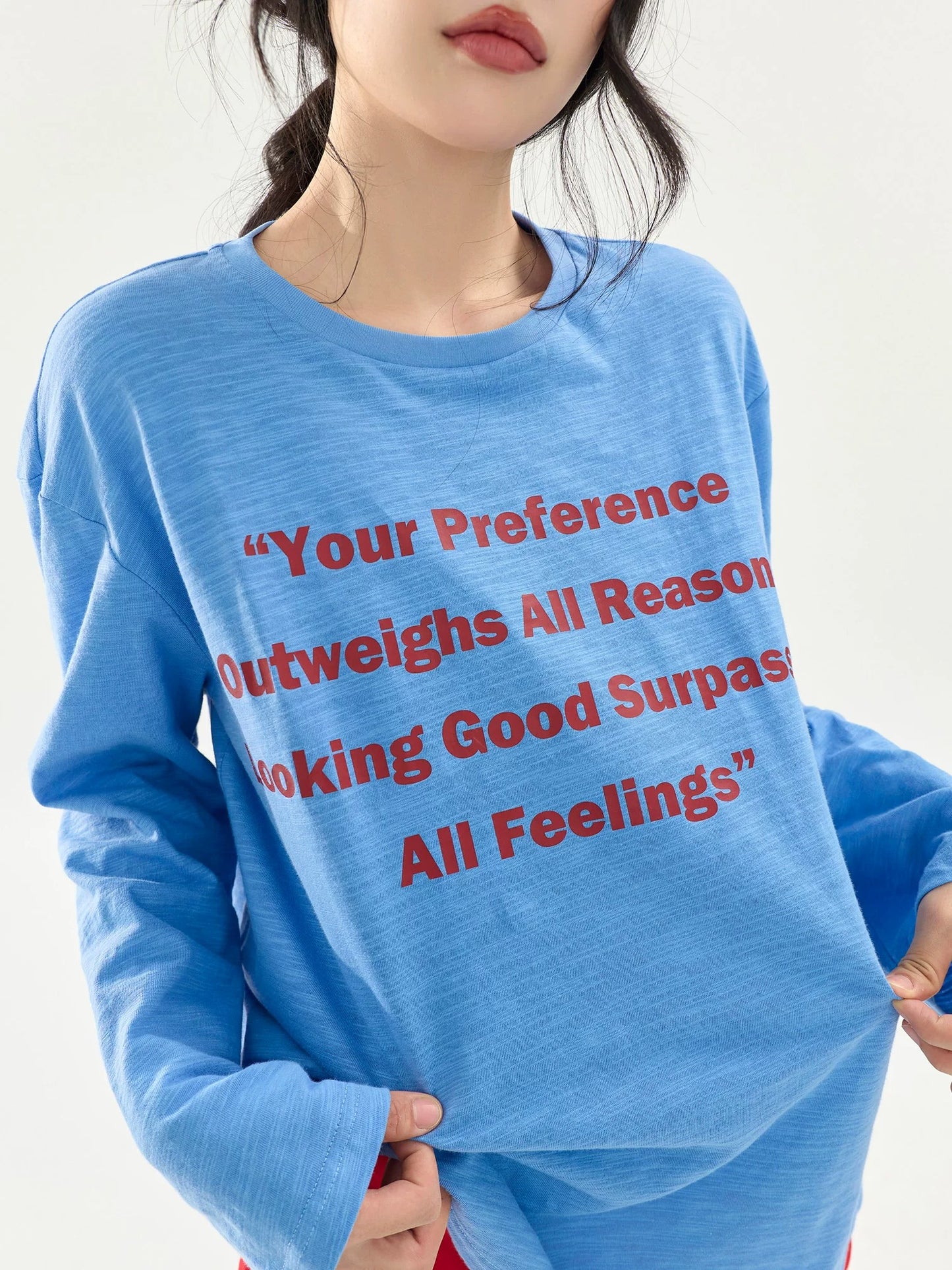 Klein Blue Slogan Print Long Sleeve Sheer T-Shirt X3580
