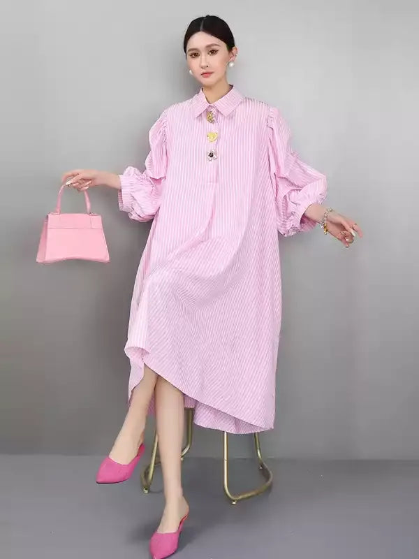 Striped Puff Sleeve Shirt Dress　X3625