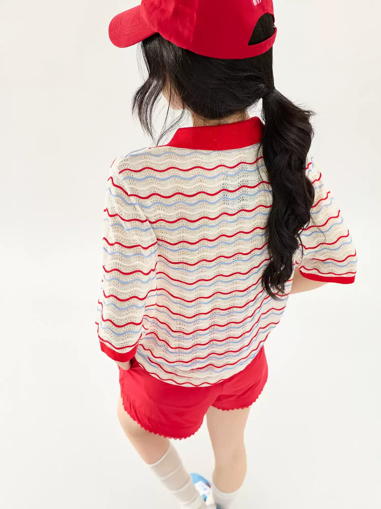 Color Stripe Collar Short Sleeve Knit Top X3579