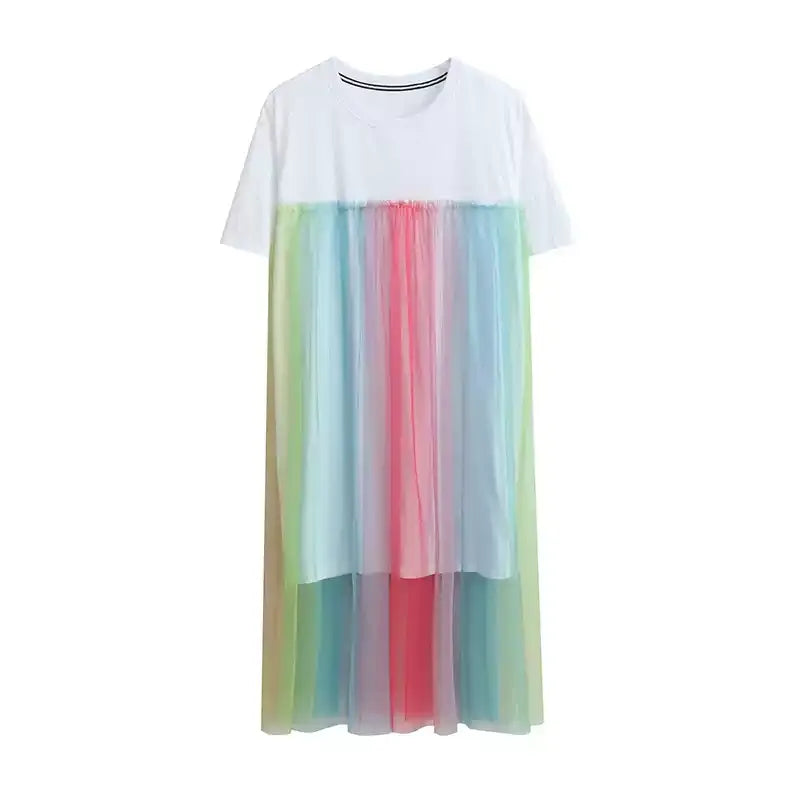 Rainbow Tulle Mesh Short Sleeve T-Shirt Dress　X3633
