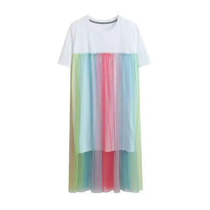 Rainbow Tulle Mesh Short Sleeve T-Shirt Dress　X3633
