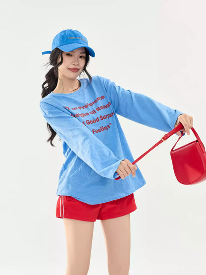 Klein Blue Slogan Print Long Sleeve Sheer T-Shirt X3580