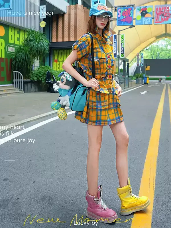 彩色格紋工裝洋裝 X3600