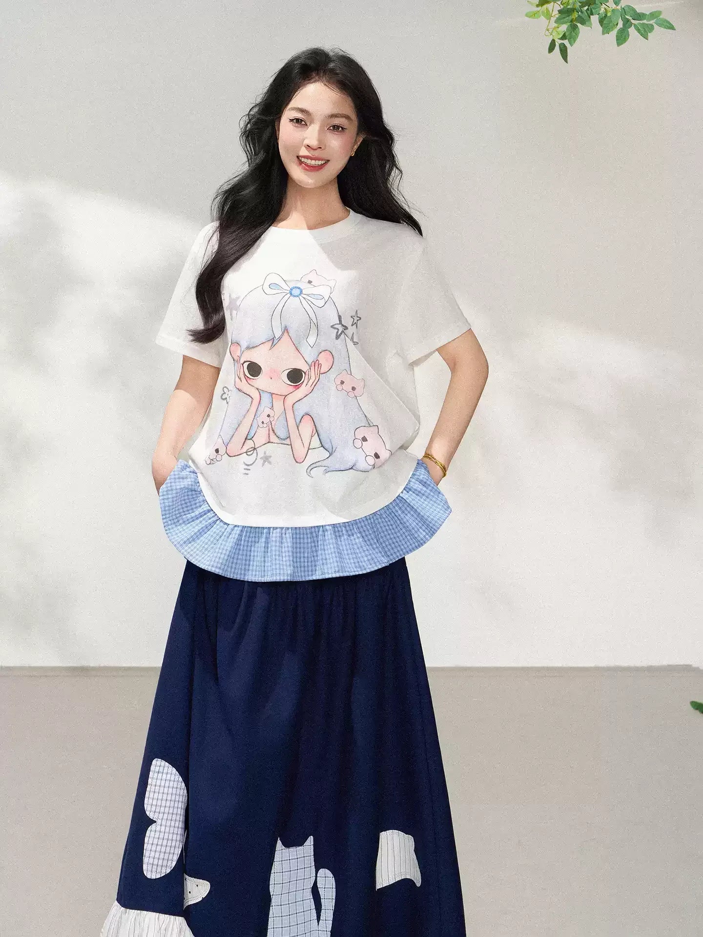 Ruffle Trim Cartoon Print Short Sleeve T-Shirt X3606