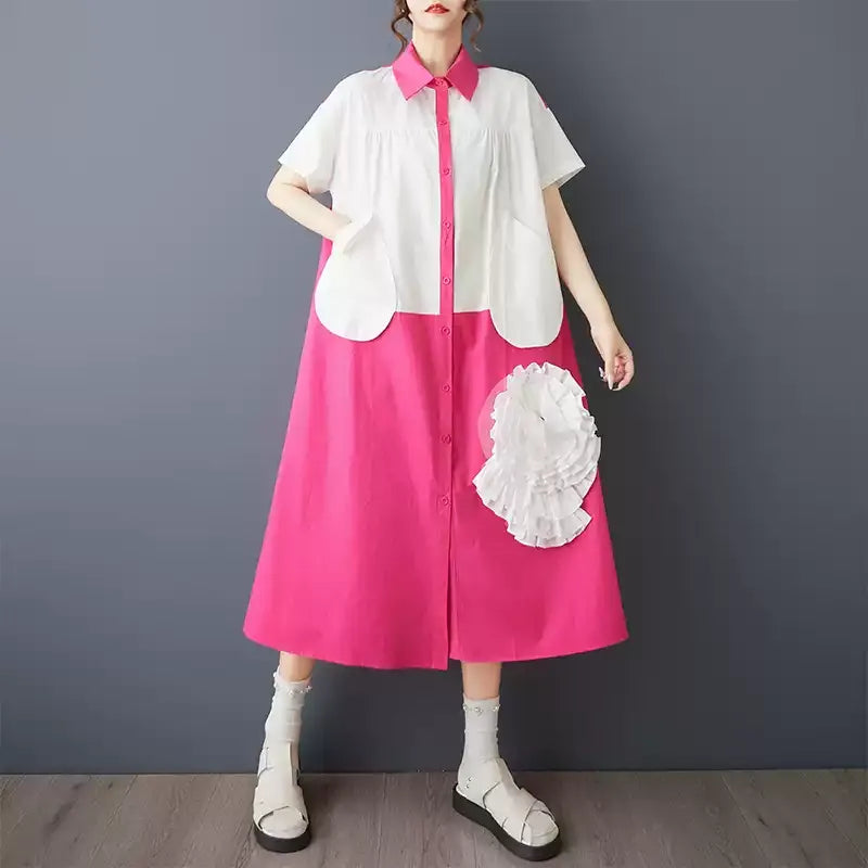 3D Flower Color-Block Short Sleeve Shirt Dress　X3629