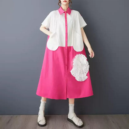 3D Flower Color-Block Short Sleeve Shirt Dress　X3629