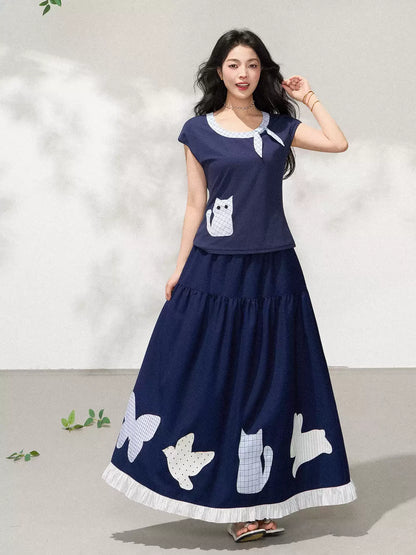 Heavy Embroidery Appliqué Art Print Elastic Waist Maxi Skirt X3605