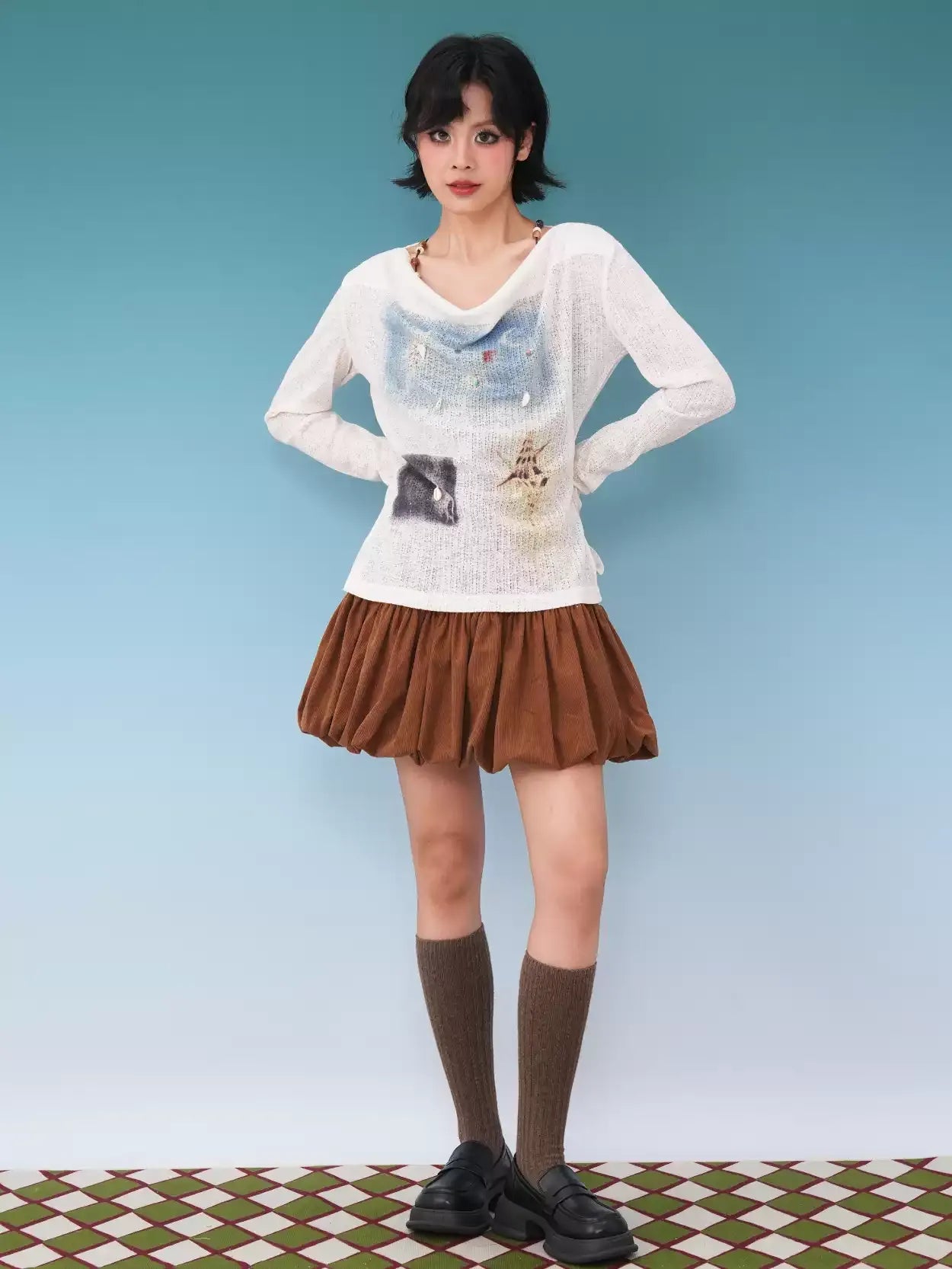 Shell × Moon Print Cool-Touch Knit UV Cover-Up Long Sleeve Top X3577