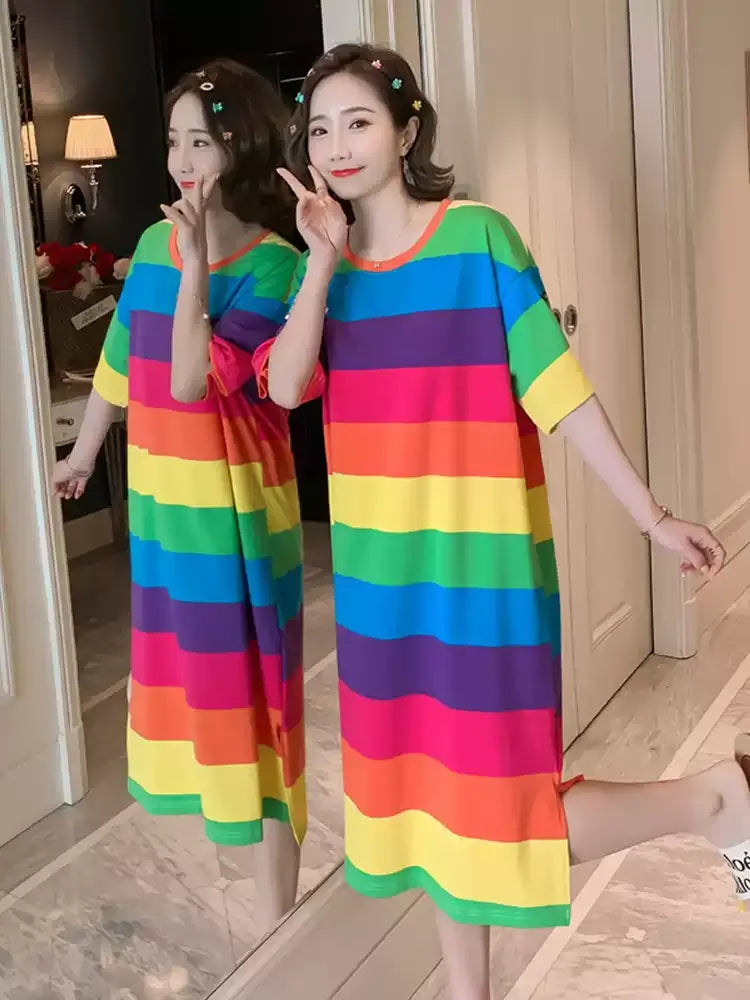 Rainbow Striped Short Sleeve T-Shirt Dress X3615
