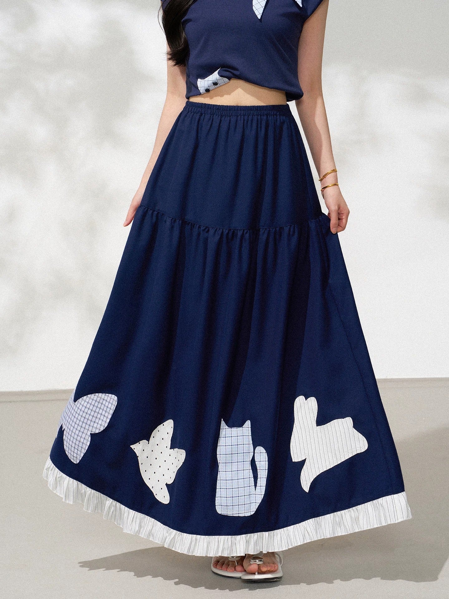 Heavy Embroidery Appliqué Art Print Elastic Waist Maxi Skirt X3605