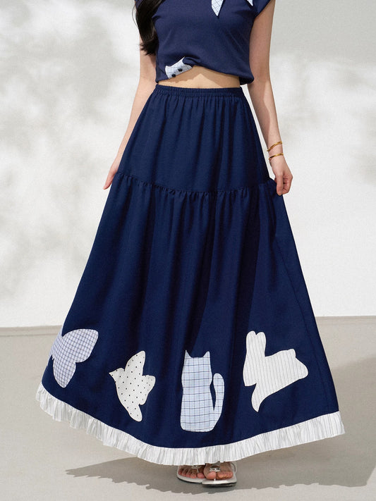 Heavy Embroidery Appliqué Art Print Elastic Waist Maxi Skirt X3605