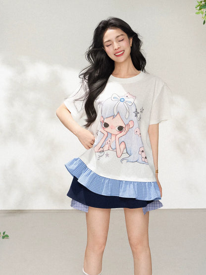 Ruffle Trim Cartoon Print Short Sleeve T-Shirt X3606