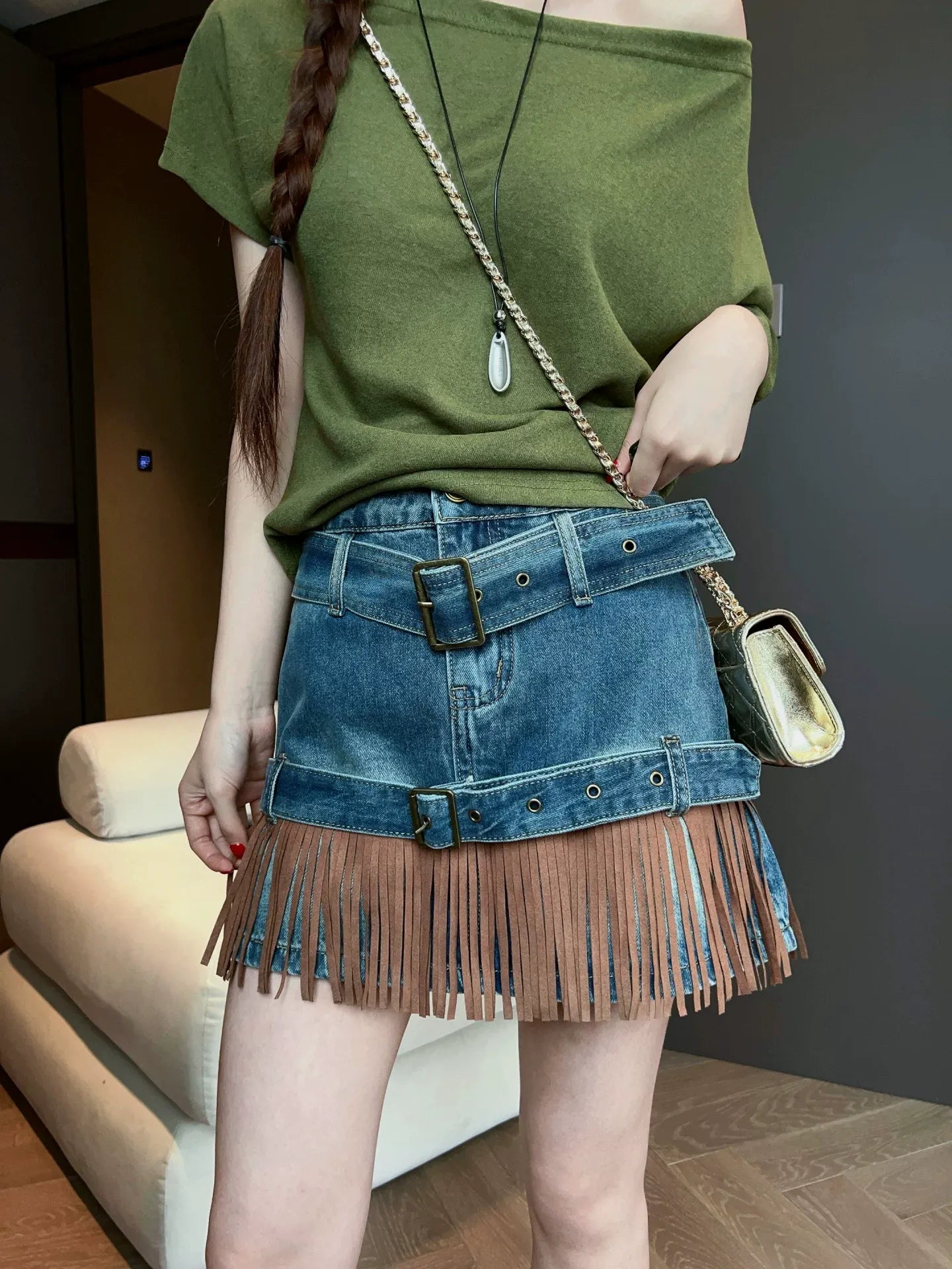 Vintage Fringe Denim Mini Skirt X3610