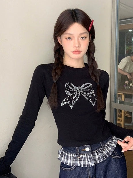 Shiny ribbon long sleeve T-shirt X3180