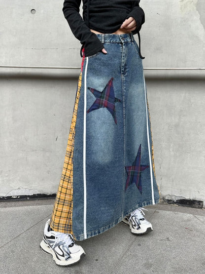 Colorful Check Docking Denim Skirt X2994