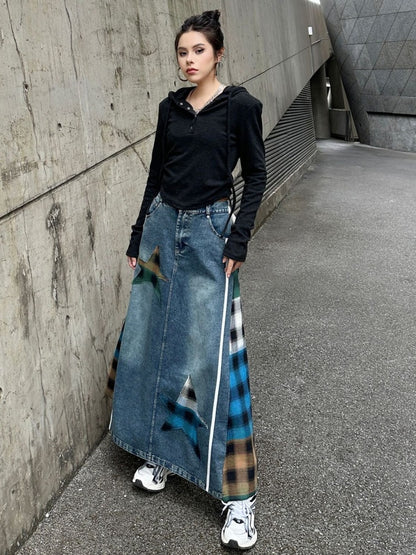 Colorful Check Docking Denim Skirt X2994