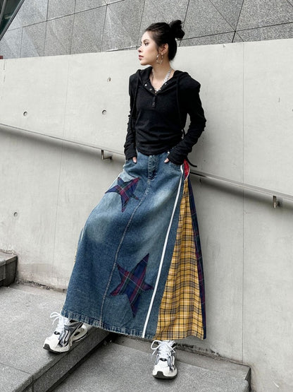 Colorful Check Docking Denim Skirt X2994