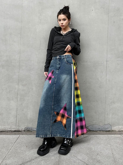 Colorful Check Docking Denim Skirt X2994