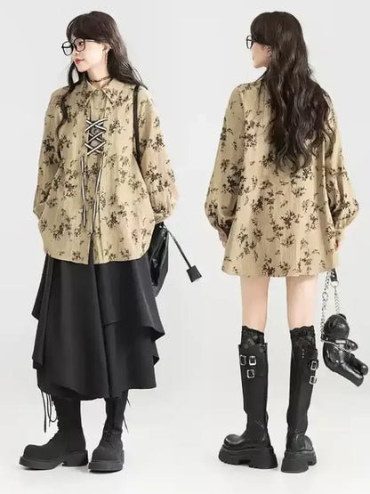 Lace up Loose Shirt/Balloon Silhouette Short Pants/Random Frill Medium Skirt　X2980