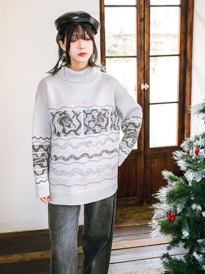 High Neck Jacquard Sweater X2977