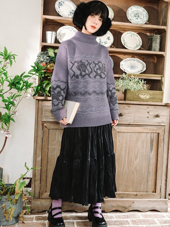 High Neck Jacquard Sweater X2977