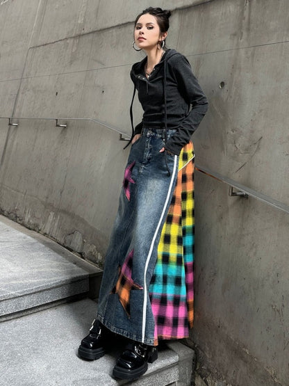 Colorful Check Docking Denim Skirt X2994