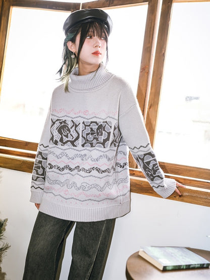 High Neck Jacquard Sweater X2977