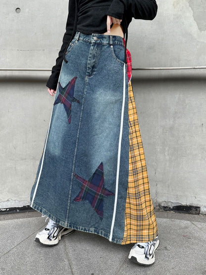 Colorful Check Docking Denim Skirt X2994