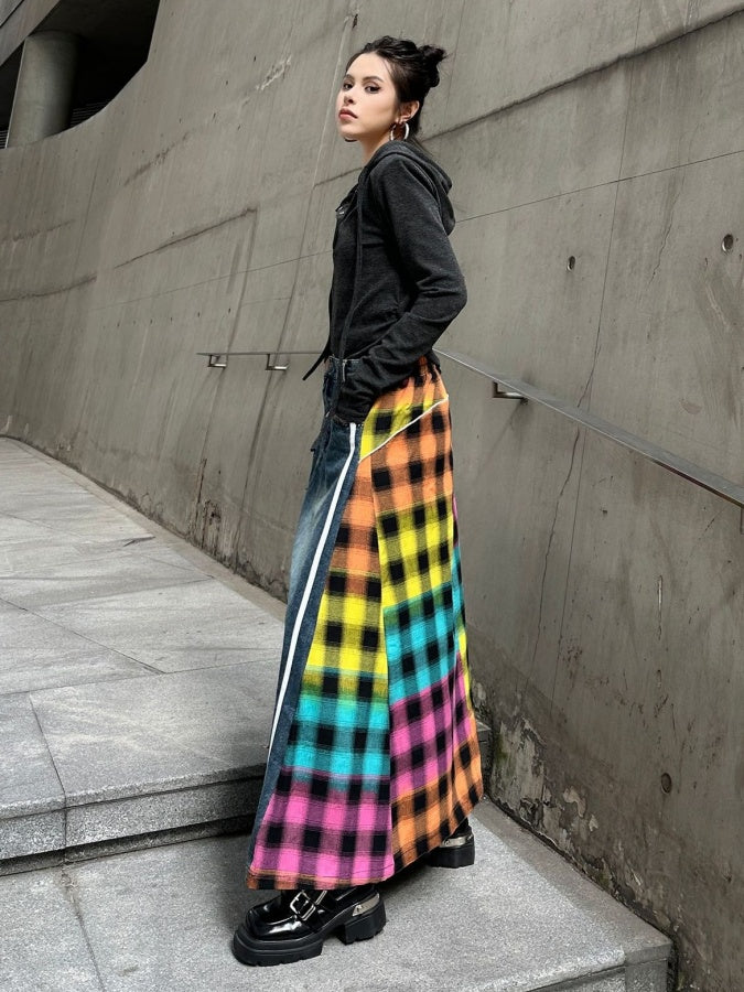 Colorful Check Docking Denim Skirt X2994