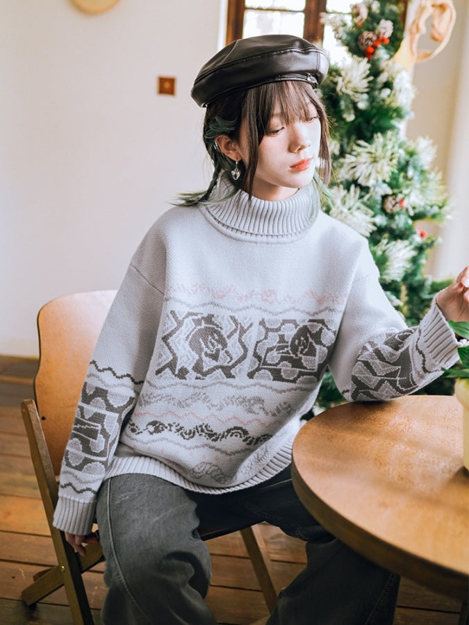 High Neck Jacquard Sweater X2977