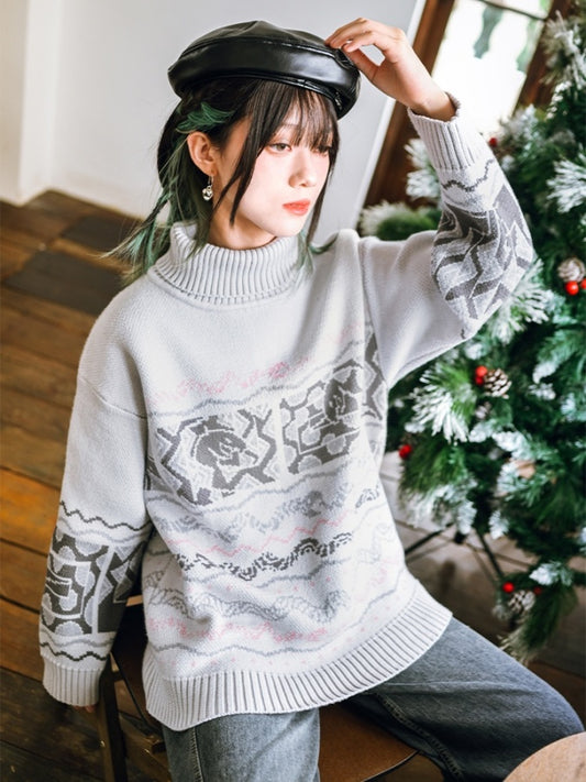 High Neck Jacquard Sweater　X2977