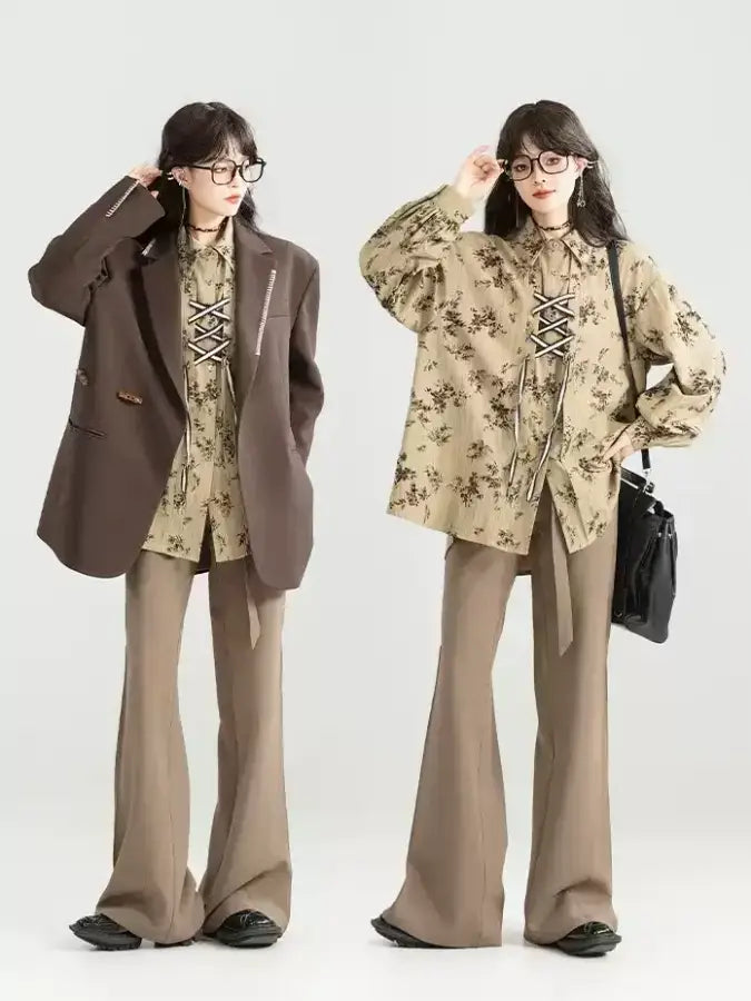 Lace up Loose Shirt/Balloon Silhouette Short Pants/Random Frill Medium Skirt　X2980