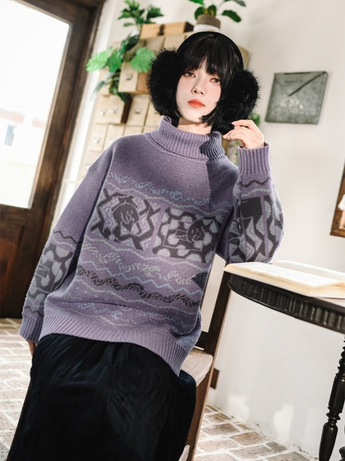 High Neck Jacquard Sweater X2977