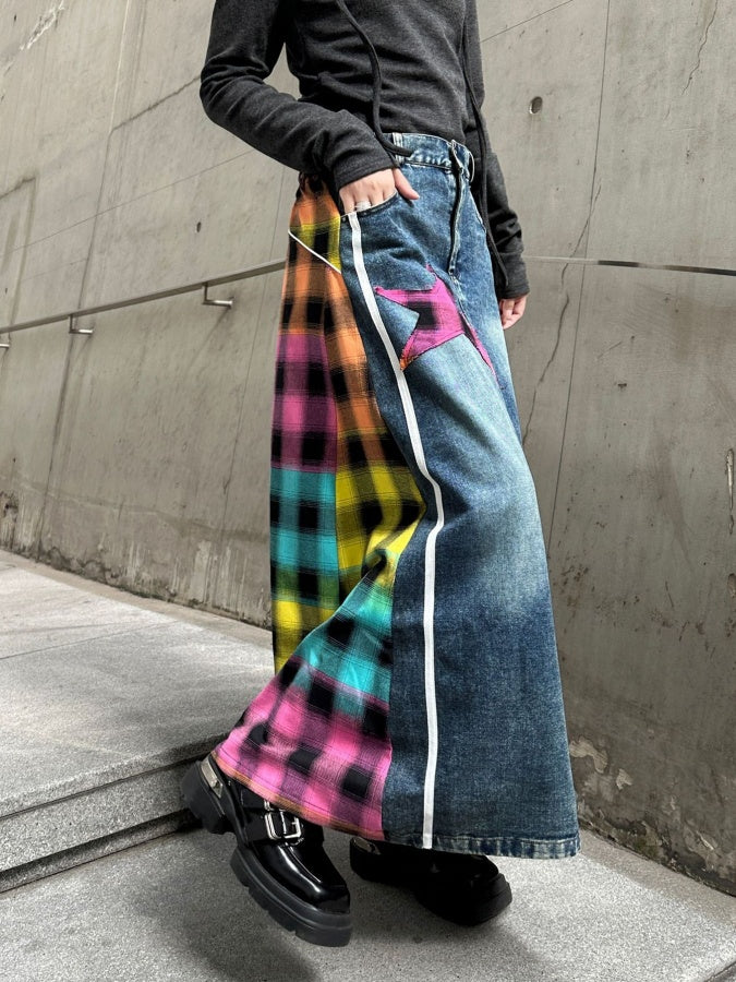 Colorful Check Docking Denim Skirt X2994